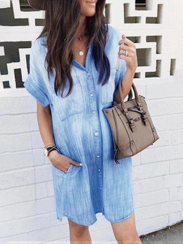 Seindeal Pockets Buttons V-neck Short Sleeve Denim Mini Maternity Top Shirt