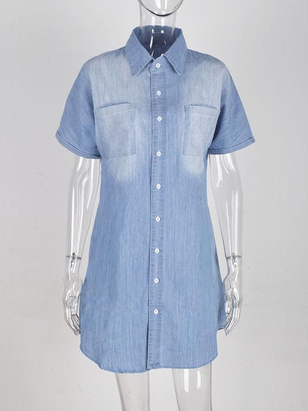 Seindeal Pockets Buttons V-neck Short Sleeve Denim Mini Maternity Top Shirt