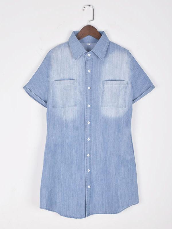 Seindeal Pockets Buttons V-neck Short Sleeve Denim Mini Maternity Top Shirt