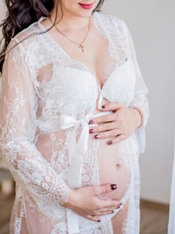 Seindeal Fall Lace Wrap Sheer Maternity Dress for Photoshoot Maxi Long Sleeve with Robe White and Black Halloween