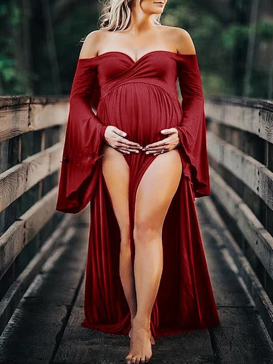 Seindeal Off Shoulder Flare Long Sleeve Double SlitMaxi Maternity Dress for Baby Shower Fall