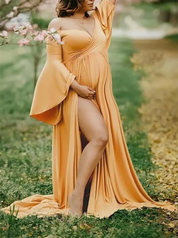 Seindeal Off Shoulder Flare Long Sleeve Double SlitMaxi Maternity Dress for Baby Shower Fall