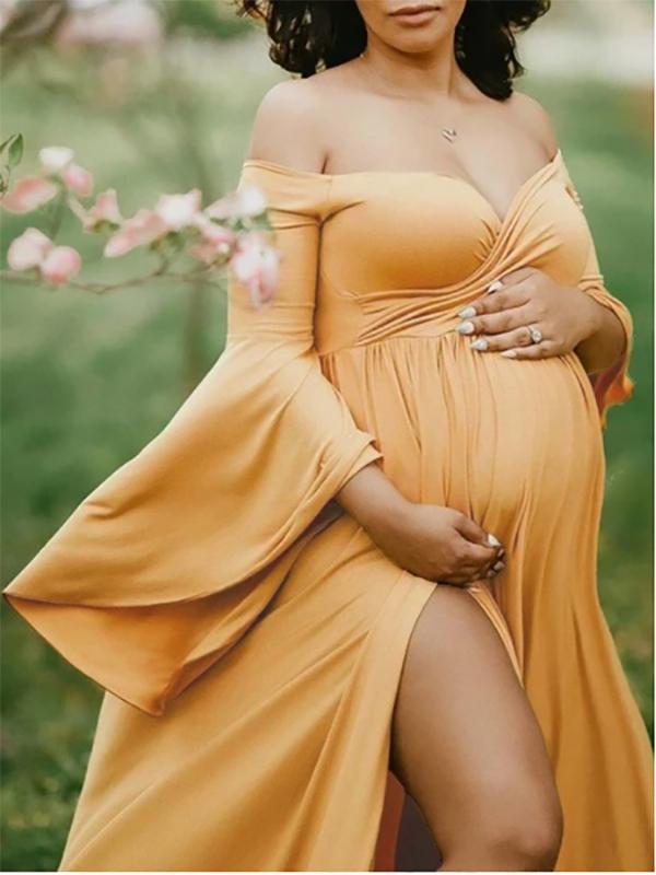 Seindeal Off Shoulder Flare Long Sleeve Double SlitMaxi Maternity Dress for Baby Shower Fall
