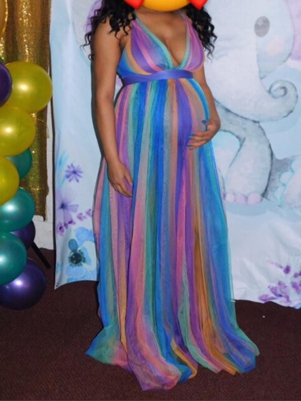 Seindeal Rainbow Shoulder-Strap Grenadine V-neck Maternity for BabyShower Maxi Dress