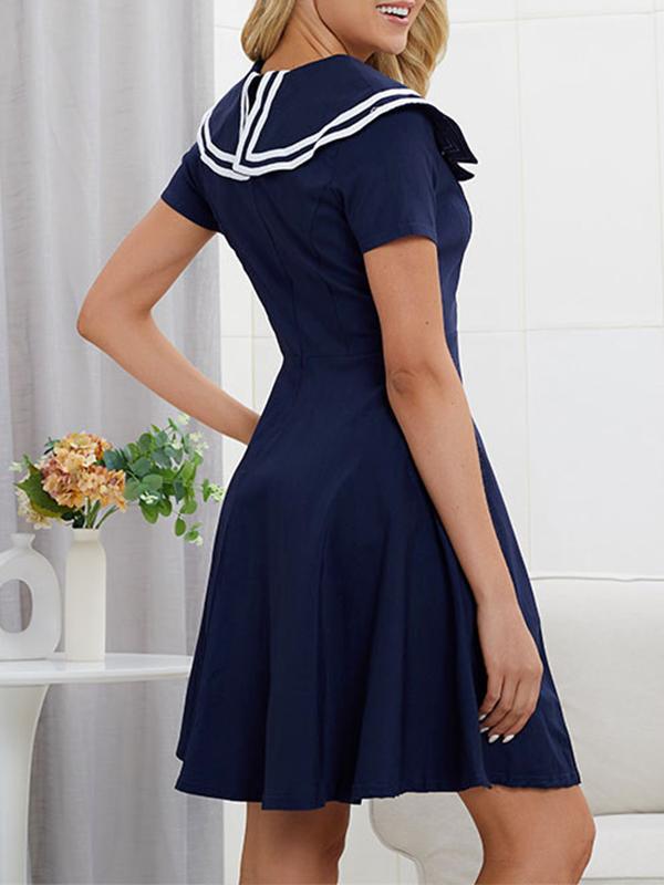 Blue Double Breasted Draped Turn-Down Collar Short Sleeve Midi Dress Maritime Navy Sailor Dress Bell Dress Party Dress