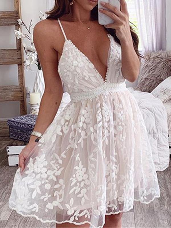Seindeal Mini Dress Patchwork Lace Vacation V Neck Backless Ladies Fashion