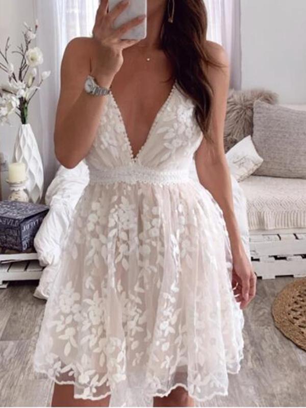 Seindeal Mini Dress Patchwork Lace Vacation V Neck Backless Ladies Fashion