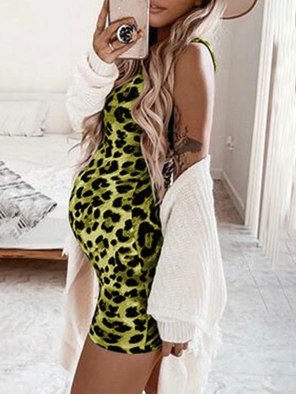 Leopard Print Round Neck Sleeveless Vest Mini Maternity Dress