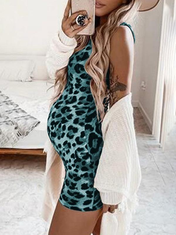 Leopard Print Round Neck Sleeveless Vest Mini Maternity Dress
