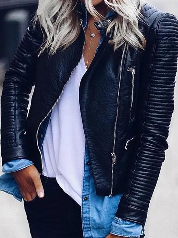 Black Zipper Turn Down Collar Long Sleeve Casual Short Women Leather Jacket