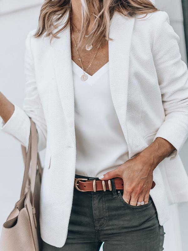White Solid Color Pockets Turn Down Collar Long Sleeve Ladies Blazer Small Suit
