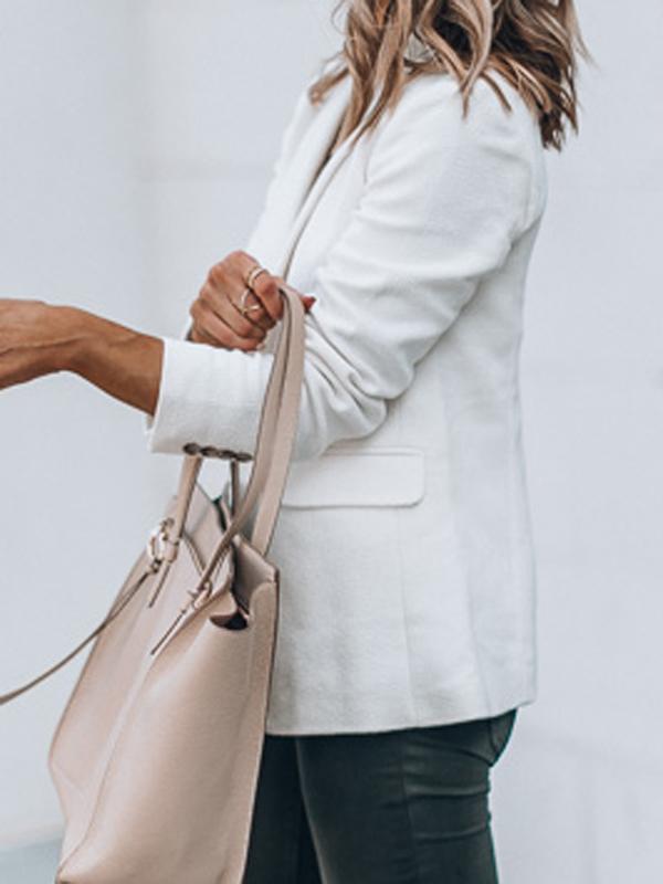 White Solid Color Pockets Turn Down Collar Long Sleeve Ladies Blazer Small Suit