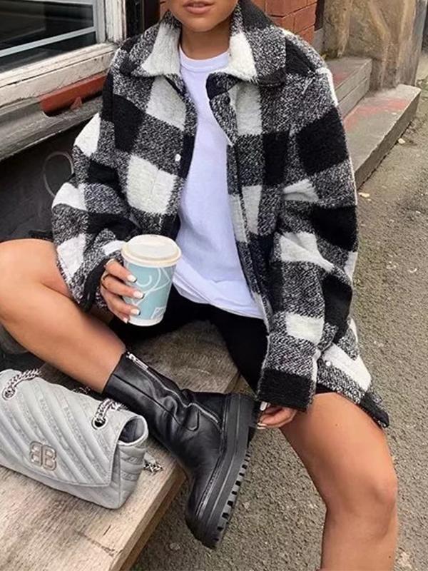 Black Checkered Pockets Oversize Turn-Down Collar Long Sleeve Ladies Shirt Jacket Lumberjack Jacket Flannel Shirt Jacket