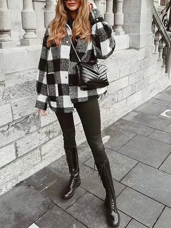 Black Checkered Pockets Oversize Turn-Down Collar Long Sleeve Ladies Shirt Jacket Lumberjack Jacket Flannel Shirt Jacket