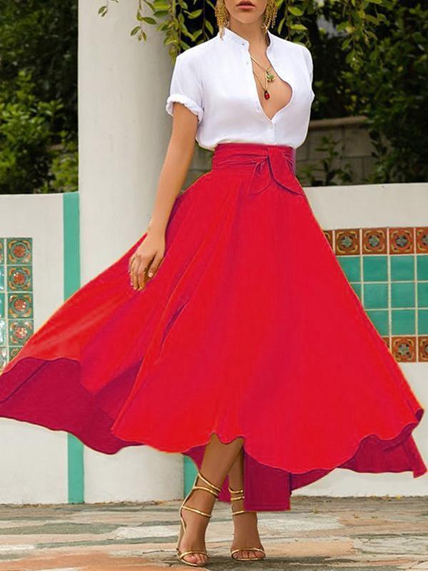 Irregular Pockets Belts High Waist Women Skirts Chiffon Skirt Pleated Skirt