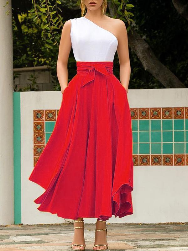 Irregular Pockets Belts High Waist Women Skirts Chiffon Skirt Pleated Skirt