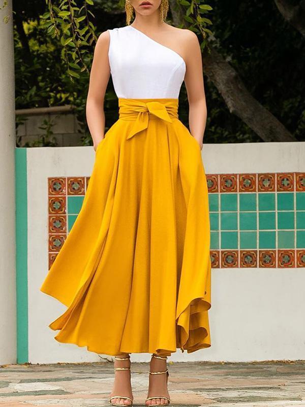 Irregular Pockets Belts High Waist Women Skirts Chiffon Skirt Pleated Skirt