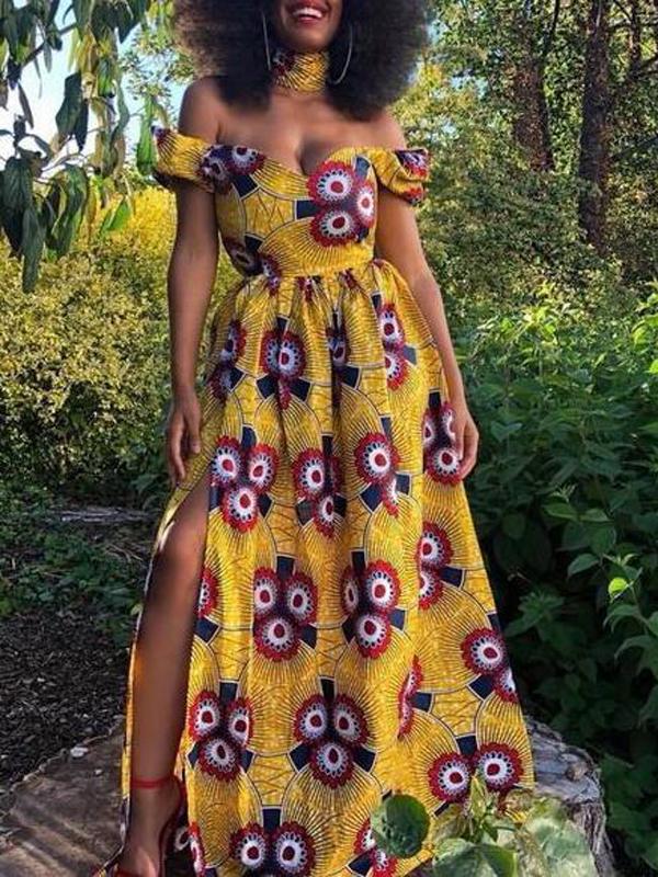Seindeal Tribal Floral Irregular Off Shoulder Side Slit African Maternity Dress Plus Size