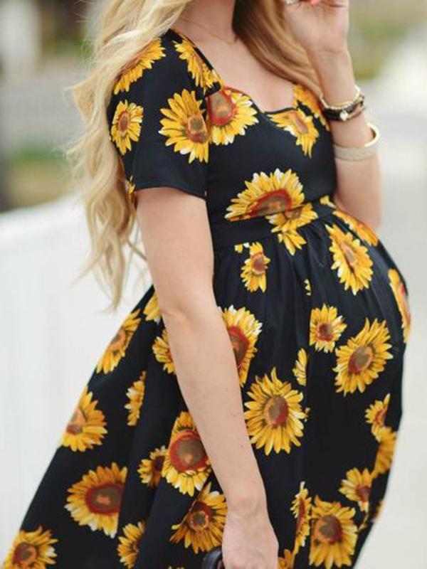 Sunflower Pattern Draped Sashes Pleated Maternity Mini Dress Summer