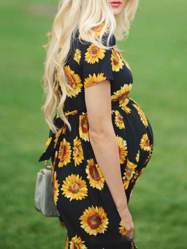 Sunflower Pattern Draped Sashes Pleated Maternity Mini Dress Summer