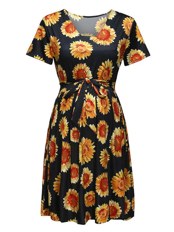 Sunflower Pattern Draped Sashes Pleated Maternity Mini Dress Summer