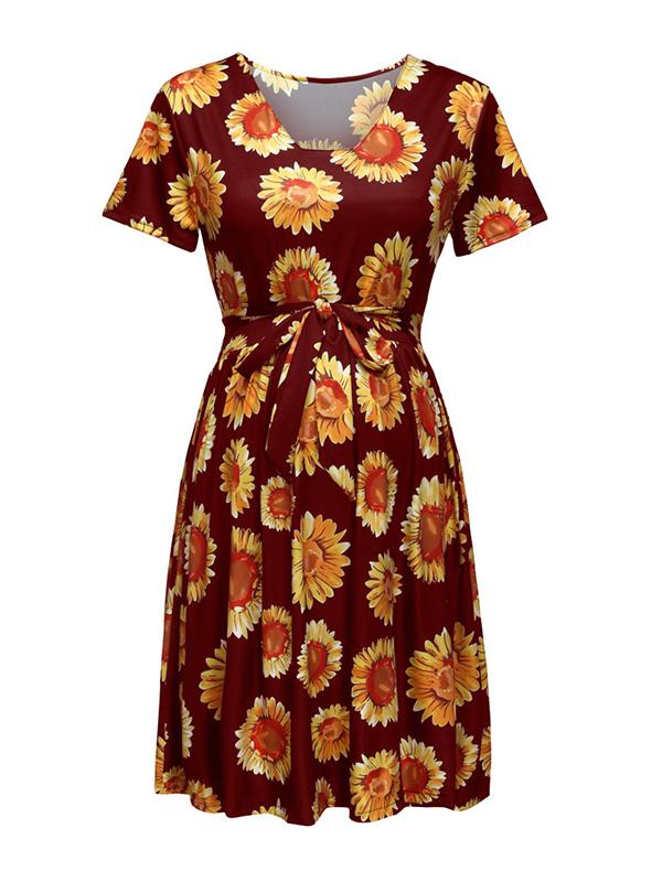 Sunflower Pattern Draped Sashes Pleated Maternity Mini Dress Summer