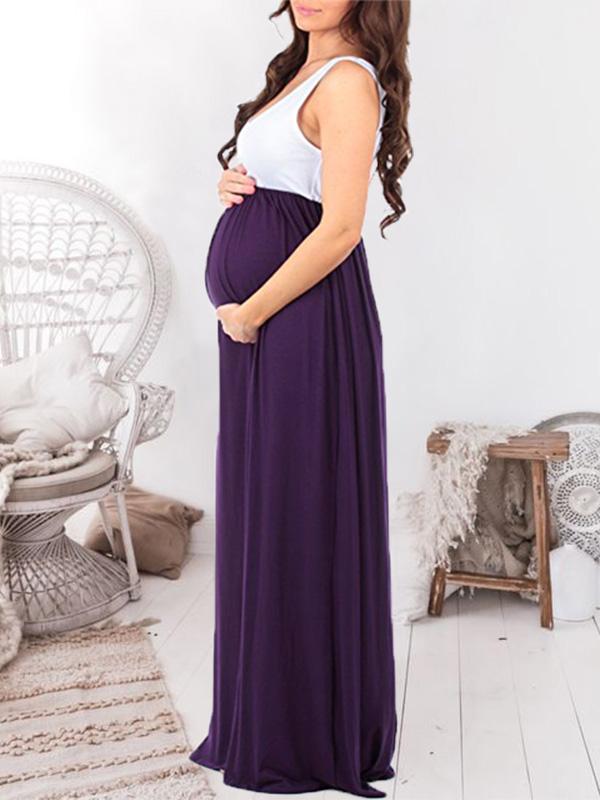 Patchwork Draped Babyshower Sleeveless Maternity Maxi Dress