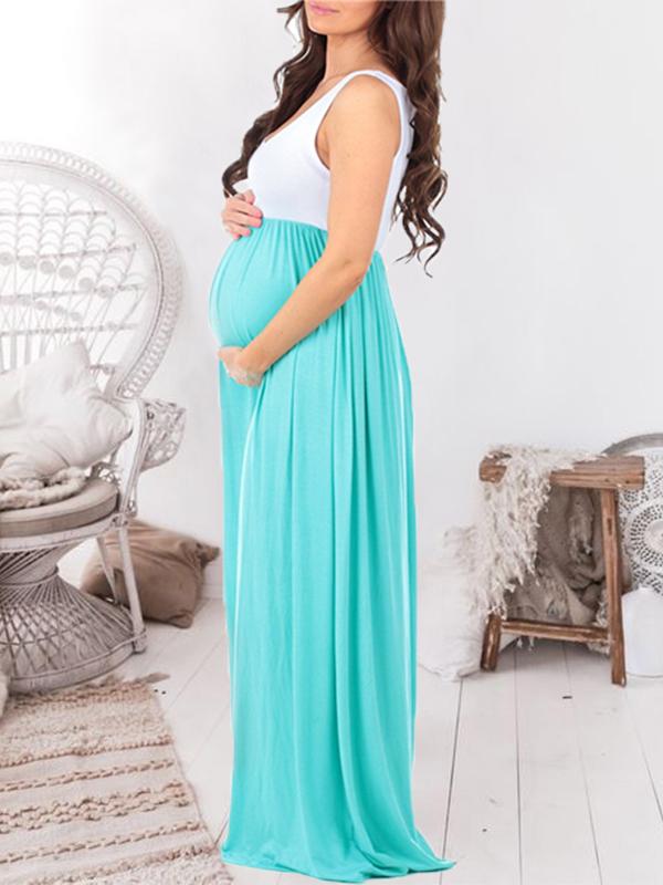 Patchwork Draped Babyshower Sleeveless Maternity Maxi Dress