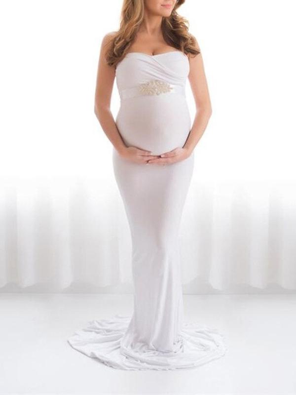 Seindeal Bandeau Off-Shoulder Sleeveless Babyshower Maxi Maternity Dress