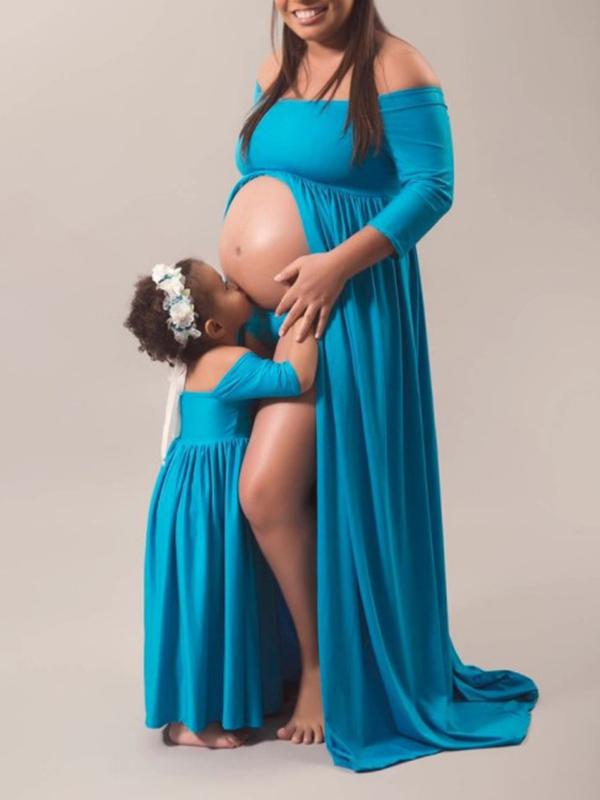 Patchwork Draped Slit Off Shoulder Long Sleeve Maxi Maternity Dress
