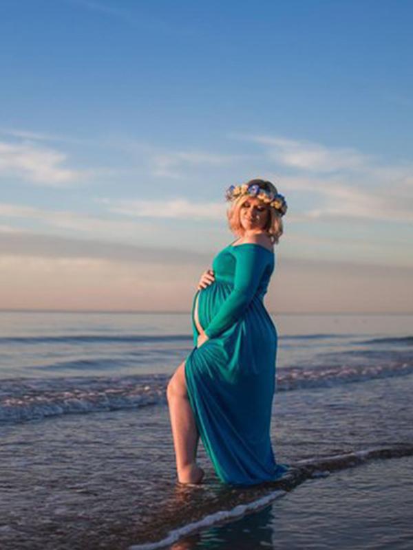 Patchwork Draped Slit Off Shoulder Long Sleeve Maxi Maternity Dress