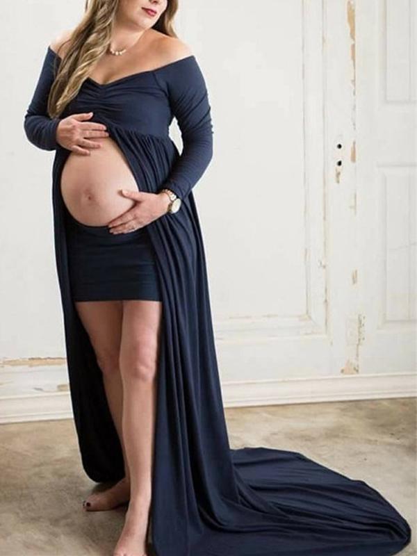 Patchwork Draped Slit Off Shoulder Long Sleeve Maxi Maternity Dress