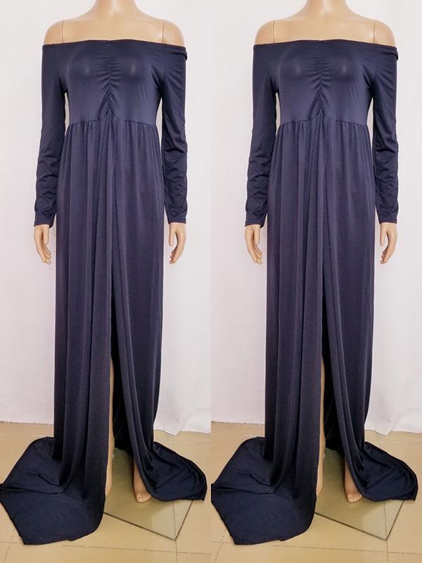 Patchwork Draped Slit Off Shoulder Long Sleeve Maxi Maternity Dress