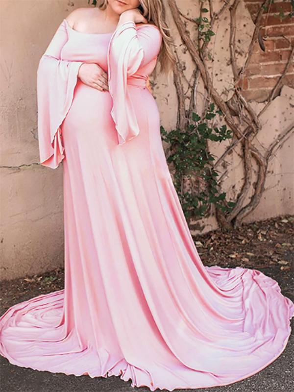 Seindeal Draped Off Shoulder Flare Sleeve Plus Size Maternity Dress for Photoshoot