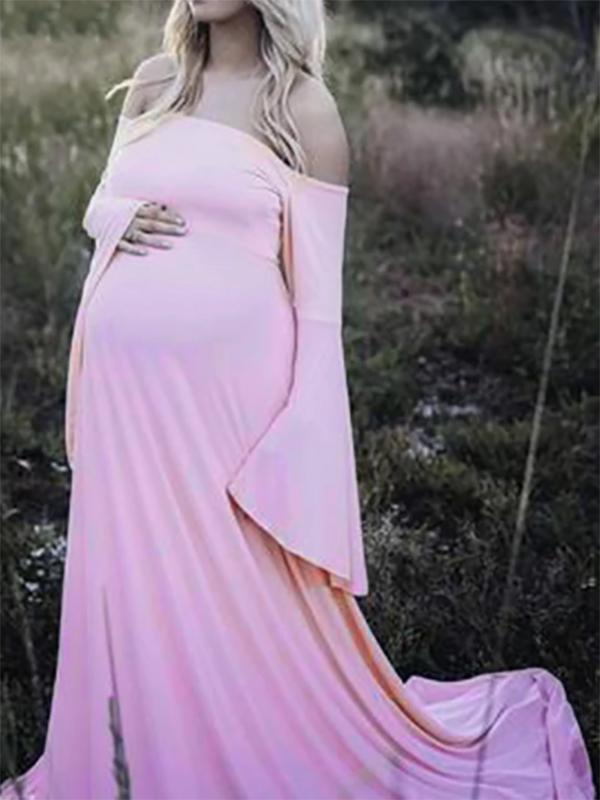 Seindeal Draped Off Shoulder Flare Sleeve Plus Size Maternity Dress for Photoshoot