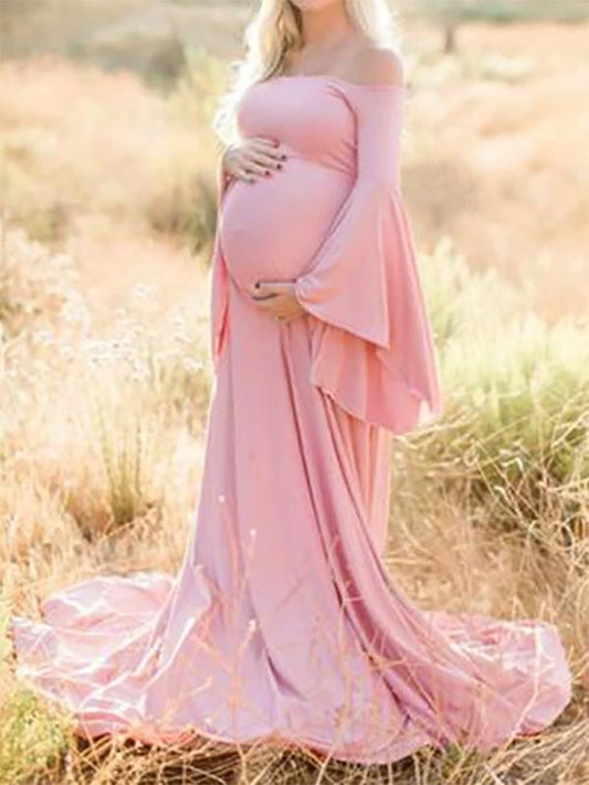 Seindeal Draped Off Shoulder Flare Sleeve Plus Size Maternity Dress for Photoshoot