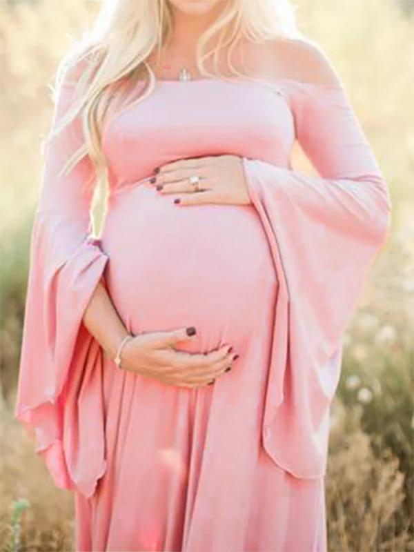 Seindeal Draped Off Shoulder Flare Sleeve Plus Size Maternity Dress for Photoshoot