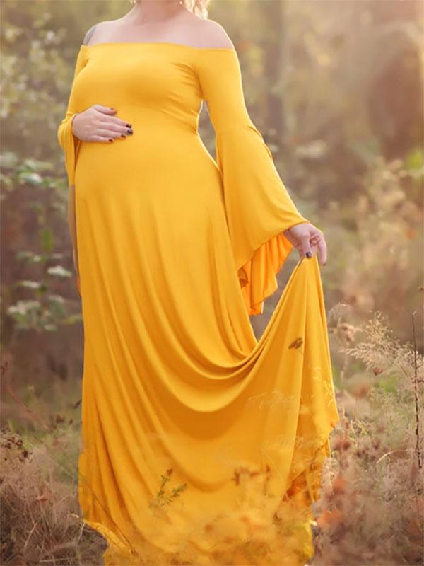 Seindeal Draped Off Shoulder Flare Sleeve Plus Size Maternity Dress for Photoshoot