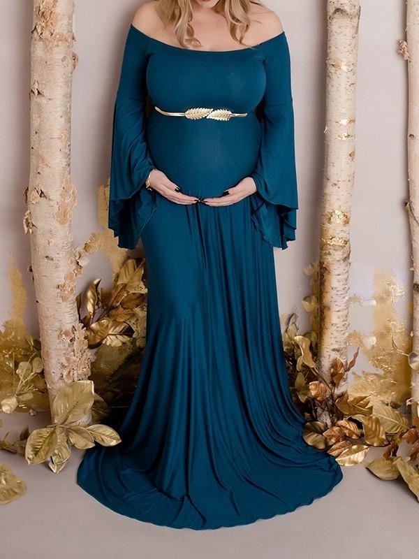 Seindeal Draped Off Shoulder Flare Sleeve Plus Size Maternity Dress for Photoshoot