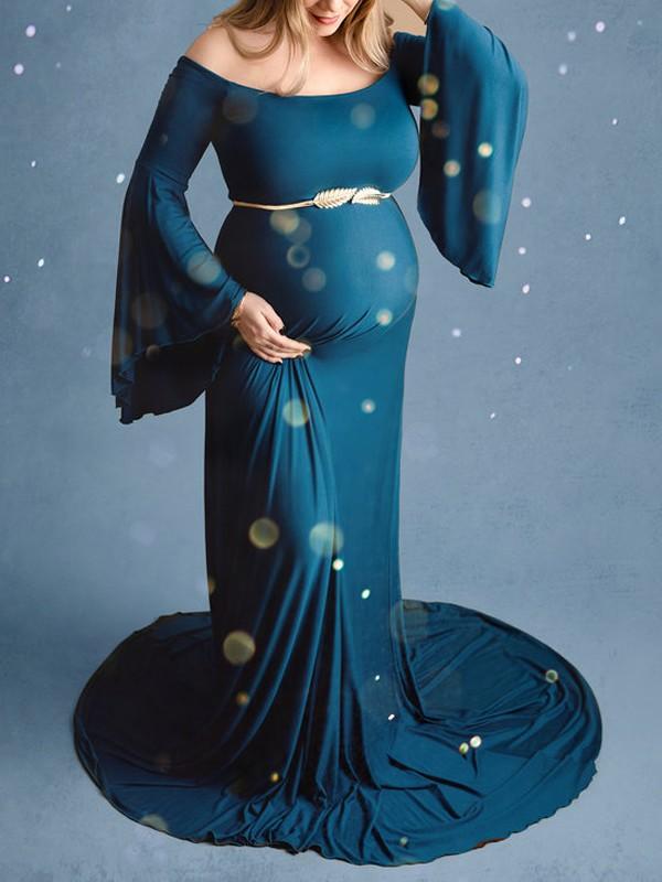 Seindeal Draped Off Shoulder Flare Sleeve Plus Size Maternity Dress for Photoshoot