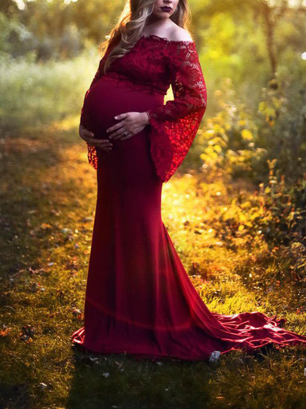 Seindeal Wedding Lace Off Shoulder Mermaid Photoshoot Bell Sleeve Maternity Dress