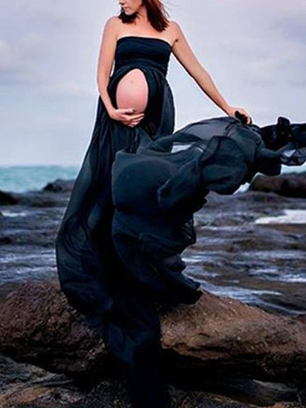 Bandeau Draped Slit Maternity Maxi Dress For Babyshower