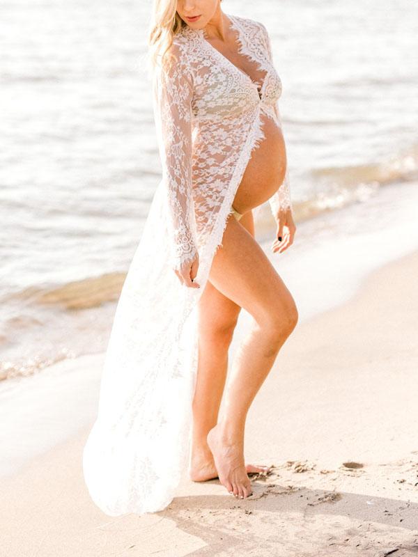 Lace Sheer Front Slit Maternity For Babyshower Maxi Dress