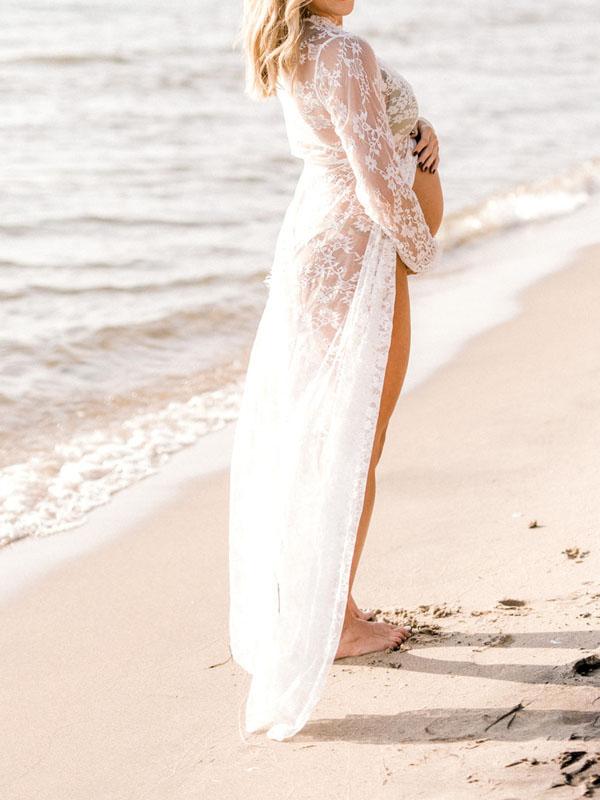 Lace Sheer Front Slit Maternity For Babyshower Maxi Dress
