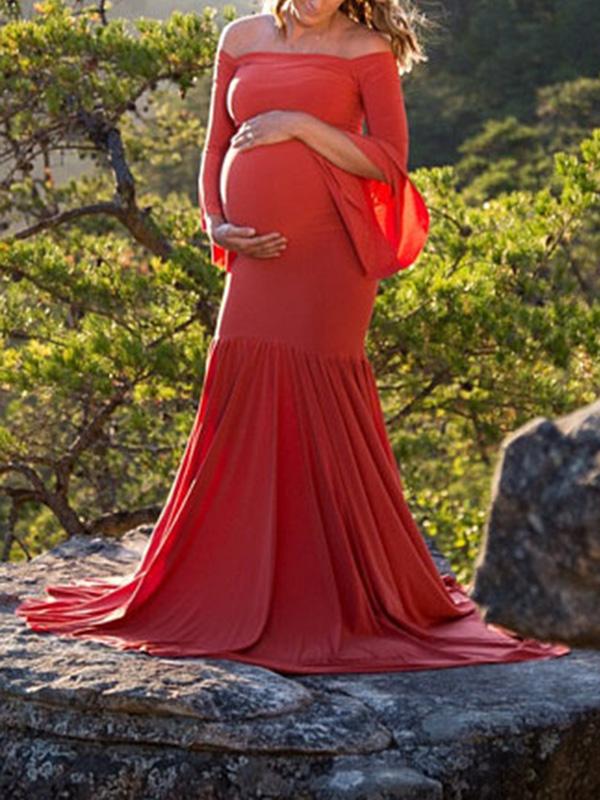 Draped For Babyshower Off Shoulder Long Sleeve Maternity Dress