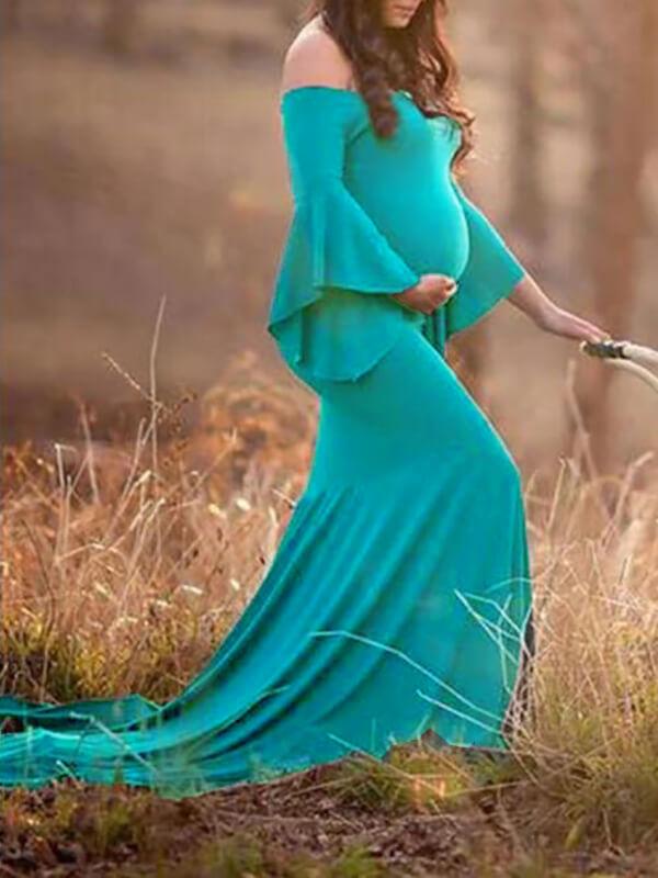 Draped For Babyshower Off Shoulder Long Sleeve Maternity Dress
