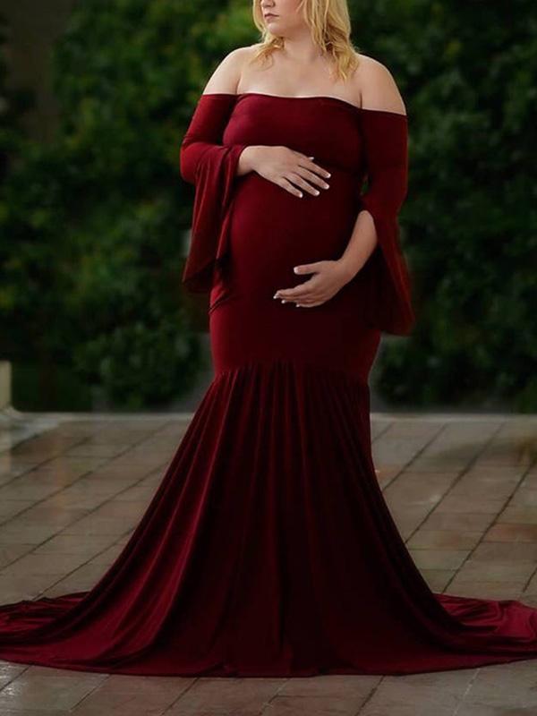 Draped For Babyshower Off Shoulder Long Sleeve Maternity Dress
