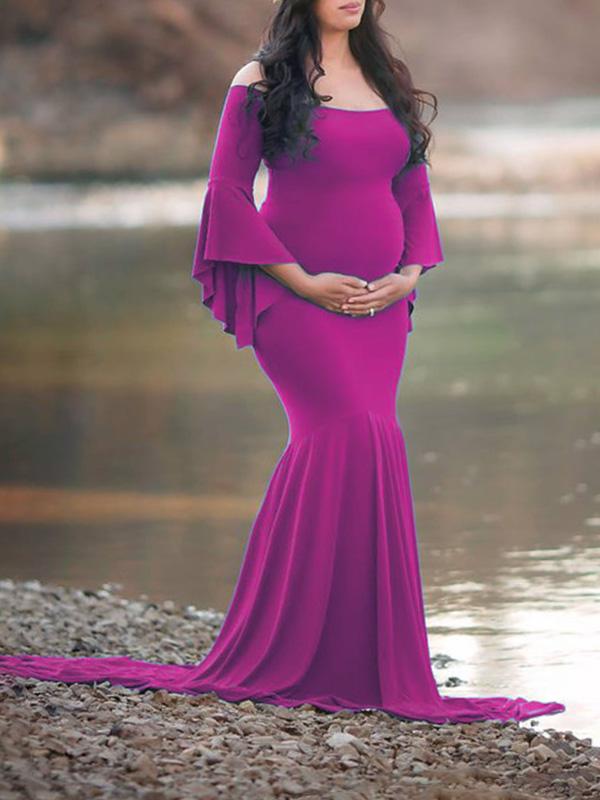 Draped For Babyshower Off Shoulder Long Sleeve Maternity Dress