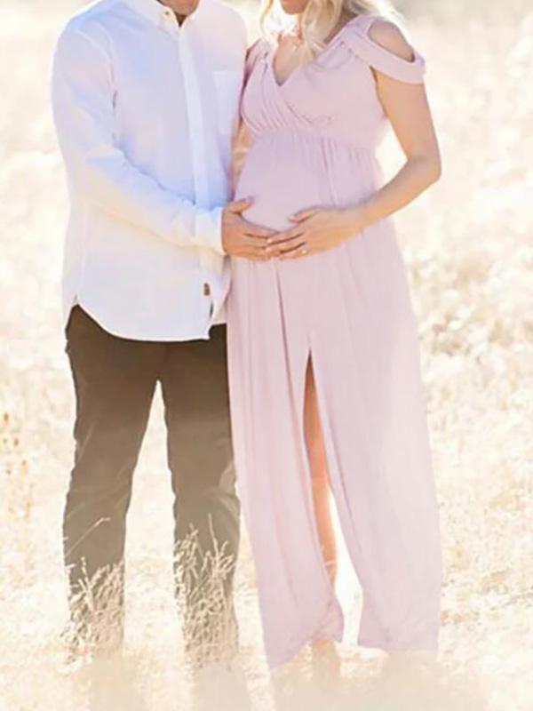 Seindeal Pleated V-neck Short Sleeve Slit Maxi Maternity Baby Shower Dress