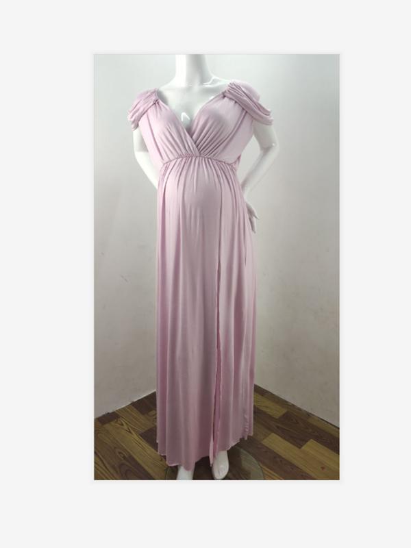 Seindeal Pleated V-neck Short Sleeve Slit Maxi Maternity Baby Shower Dress